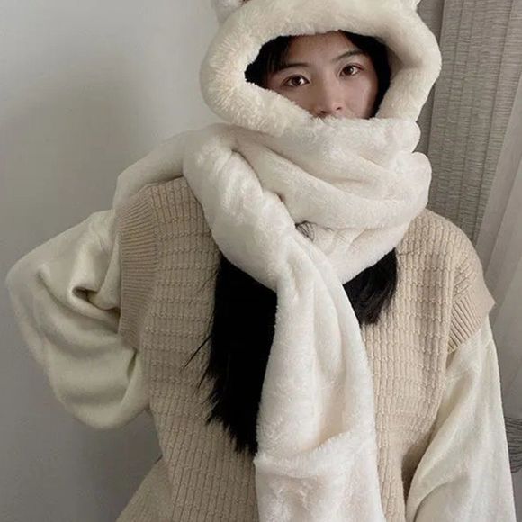 Kitty Cat Ears Plush Handwarmer Scarf Hat Combo | Plush Fleece Kawaii Bonnet 751
